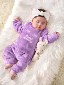 SHEIN 新生女婴可爱紫色字母与毛绒设计长袖上衣和松紧腰裤两件套，秋冬 - 淡紫色 - 查看 8