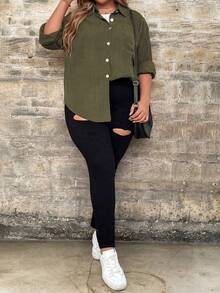 SHEIN PETITE CURVE Plus Size Solid Button Front Shirt, Autumn Fabric - Army Green - View 3