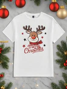 Manfinity Homme Christmas Cute Deer Wearing Scarf Casual Print Men's Standard Fit White Short Sleeve T-Shirt, Warm Family Atmosphere Matching Parent-Child/Couple - White - View 2