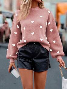 SHEIN LUNE 女式休闲宽松心形提花落肩长袖毛衣，秋冬 - 卡其色 - 查看 4