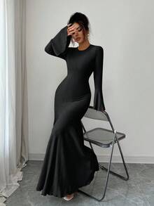 Elenzga Váy tay bèo nhún viền đuôi cá co giãn thanh lịch dành cho nữ, mùa thu/đông - màu đen - Xem 4