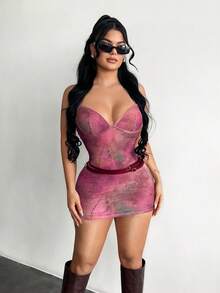 SHEIN SXY Women's Fitted Double Waist Belt Tie-Dye Mini Slip Dress,Pink And Green Summer Techno Club Night Rave See Through Curve Birthday Party Dresses - Hot Pink - View 5