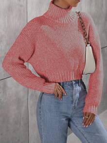 Calvaya 女士休闲高领短款毛衣，秋冬 - 橘色 - 查看 3