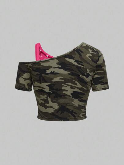 J-Fashion Camiseta asimétrica con estampado de camuflaje y eslogan