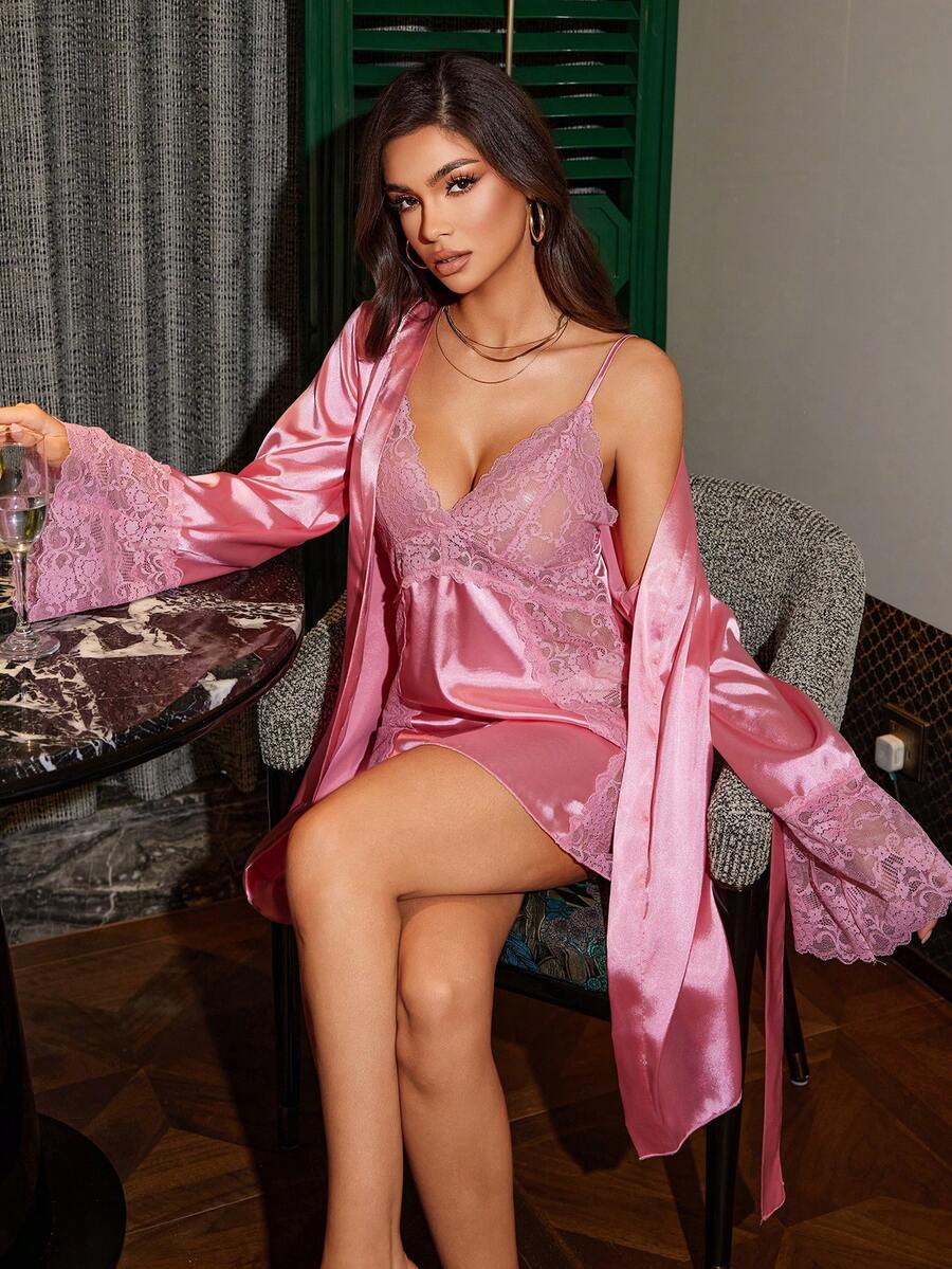 SilkySpell 性感网纱蕾丝拼接睡裙及系带睡袍套装，迷人睡衣，冬季服装 - 粉色 - 查看 1