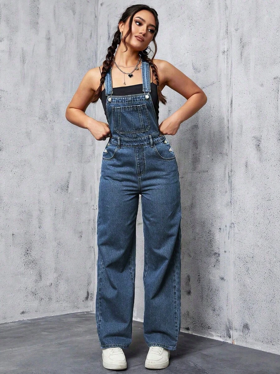 SHEIN EZwear 女式字母贴袋设计休闲阔腿牛仔连体裤