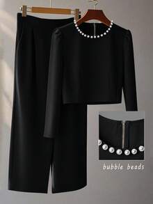 GlowEve 2 件套：独特的串珠长袖上衣和中长裙，秋冬优雅风格 - 黑色 - 查看 1