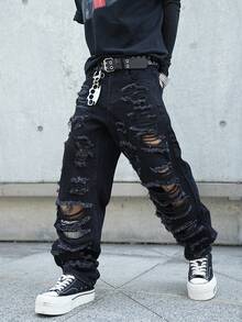 Manfinity Roghcode Black Ripped Denim Jeans For Men Street Casual Avant-Garde Style Long Straight Leg With Zipper Retro Pattern - Black - View 6