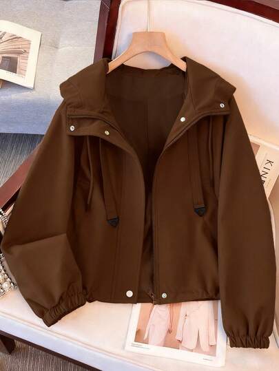 GlowEve CURVE Plus Size Women Solid Color Casual Sporty Hooded Short Jacket, Water-Resistant, 2025 Autumn New Arrival, Suitable For Outdoor & Sports