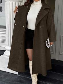 Easura Plus Size Women's Solid Color Raglan Sleeve Belted Casual Long Woolen Coat, Autumn/Winter - Coffee Brown - View 8