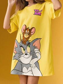 TOM & JERRY X SHEIN Women's Casual Cute Cartoon Pattern Round Neck Short Sleeve Nightgown, Summer, Moo Moo Night Dress