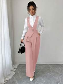 Elenzga 女式新款休闲阔腿连体裤，黑色 - 粉色 - 查看 6