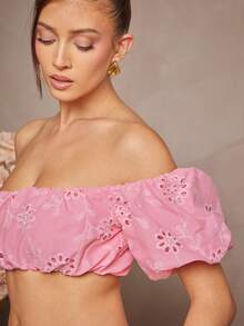 L'Amorae Puff Sleeve Off Shoulder Eyelet Cropped Summer Top, Beach, Vacation Outfits Women, Pink Top - Pink - View 3