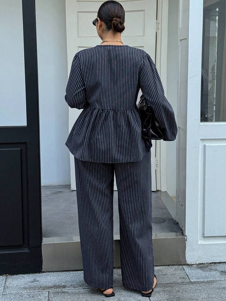 Dazy Plus 2pcs/Set Striped V-Neck Loose Lantern Sleeve Pullover Top And Relaxed Long Pants, Plus Size Women Spring/Autumn