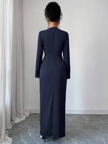 Elenzga Women's Solid Color Long Sleeve Pleated Design Metal Decor Elegant Dress - Navy Blue - View 2