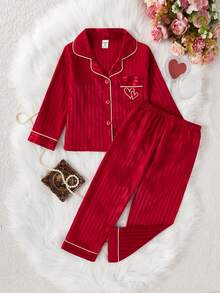 2 件套女童条纹爱心刺绣长袖上衣和裤子休闲舒适睡衣套装 - 紅色 - 查看 4