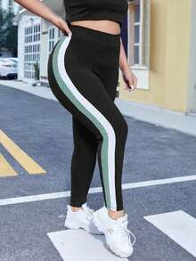 SHEIN EZwear Leggings de moda de talle alto con rayas de contraste para tallas grandes