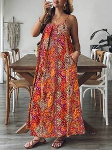 SHEIN VCAY Váy không tay thường ngày cỡ lớn dành cho nữ có túi, họa tiết Paisley - Đỏ - Xem 4