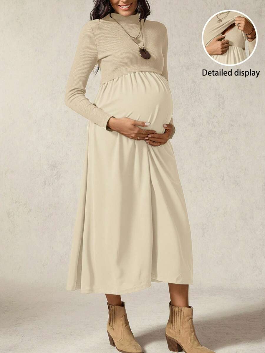 Boho Mama 孕妇百褶立领长袖休闲哺乳连衣裙 - 卡其色 - 查看 1