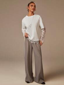 Athîral Elegant Women's White Knitted Long Sleeve Top Round Neck Drop Shoulder With Extended Lace Sheer Panel And Long Length, Lace White Top, Lace Long Sleeve - White - View 4