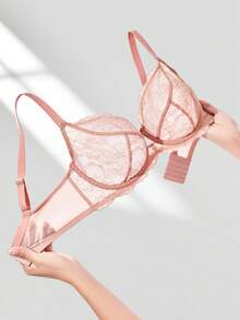 LUVLETTE Plus Full Coverage Breathable Unlined Lace Elegance & Mesh Keyhole Detail Lingerie Lounge Curve  Sheer Minimizer Bridal Intimates Bra - Dusty Pink - View 7