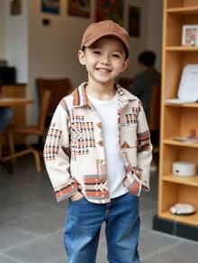 男童休闲几何图案纽扣前襟外套，秋季款 - 彩色 - 查看 3