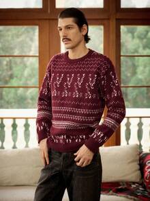 RivetRise Men's Casual Geometric Pattern Sweater, Autumn/Winter, Christmas Snowflake Red Knit Sweater, Long Sleeve Top - Multicolor - View 4