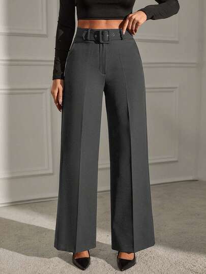 EURMUSE Women's Solid Belted Seam Suit Pants