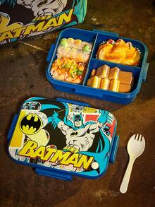 BATMAN X SHEIN 1100ml Dog Print Leak-Proof 3-Compartment Bento Box, Durable And Resistant To Falls, Equipped With Tableware And Food Fork - Blue - View 1