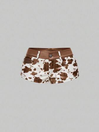 Pantalones cortos de tiro bajo con estampado animal de piel sintética de parche de estilo hippie vintage "Millennium Babe" para mujeres