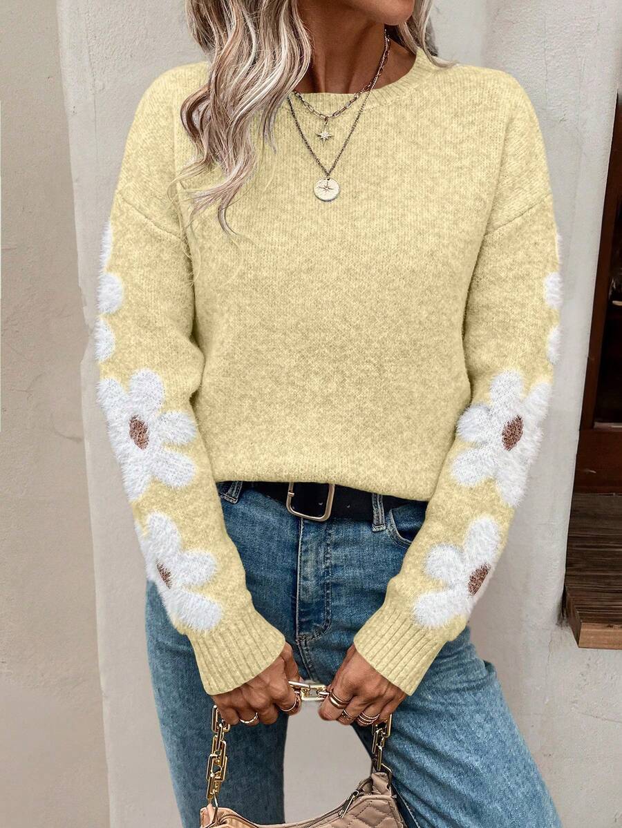 SHEIN LUNE Sweater Pullover Lengan Panjang Leher Bulat Motif Bunga Kasual Wanita - Aprikot - View 1