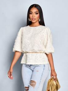 SOLERSUN Women's Crew Neck Textured Elegant Casual Stylish Blouse Ruched Sleeve Fall,Winter,Elegant,Daily Commuting,Going Out Fall - Apricot - View 7