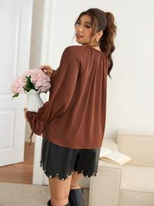 Lounesse Bluzka damska w dużym rozmiarze z dekoltem w serek i falbanką, z długim rękawem, na co dzień - Brązowy - Zobacz 2
