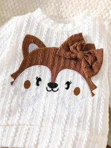 SHEIN 秋季新款女宝宝新生儿白色刺绣长袖上衣搭配粉色裤子2件套休闲简约时尚百搭 - 棕色 - 查看 4