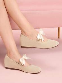 CUCCOO DOLLMOD أحذية نسائية بيج بتصميم بسيط بأصبع قدم مستدير مزينة بفيونكة مرنة، أحذية ماري جين مريحة بكعب مرتفع