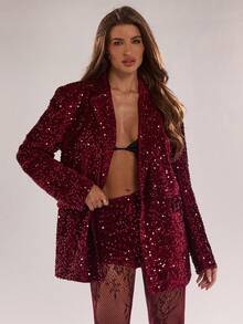 SHEIN BAE Quần short skinny đính sequin màu trơn dành cho nữ, sequin, màu đỏ, thanh lịch, thích hợp cho tiệc tùng, mùa thu đông, ngày lễ tình nhân dành cho nữ. - Màu Đỏ Sâu - Xem 5