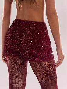 SHEIN BAE Quần short skinny đính sequin màu trơn dành cho nữ, sequin, màu đỏ, thanh lịch, thích hợp cho tiệc tùng, mùa thu đông, ngày lễ tình nhân dành cho nữ. - Màu Đỏ Sâu - Xem 7