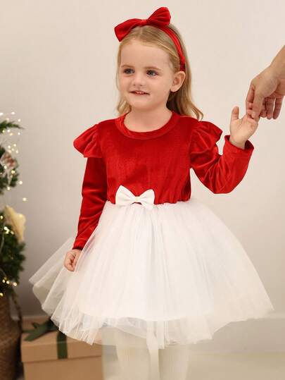 SHEIN Baby Girl Colorblock Bow Decor Ruffle Trim Mesh Patchwork Long Sleeve Dress