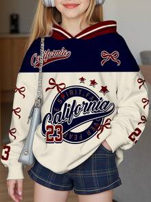 SHEIN Leap Crew Tween Girls Navy Blue And White Collegiate Style Long Sleeve Sweatshirt,Vintage Letter Number Bow Print,Autumn Casual School Back-To-School Retro Soft - Multicolor - View 3