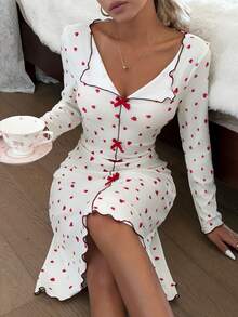 CottageSlumber 女士浪漫心形印花蝴蝶结装饰翻领长袖睡裙，冬季 - 彩色 - 查看 1