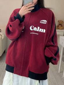 FRIFUL Women's Casual Loose Fit Thermal Lined Letter Graphic Print Pullover Sweatshirt, Street Style - Red - View 7