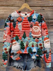 SHEIN LUNE Christmas Casual Minimalist Printed Pattern Loose Fit Crew Neck Long Sleeve Sweatshirt For Women