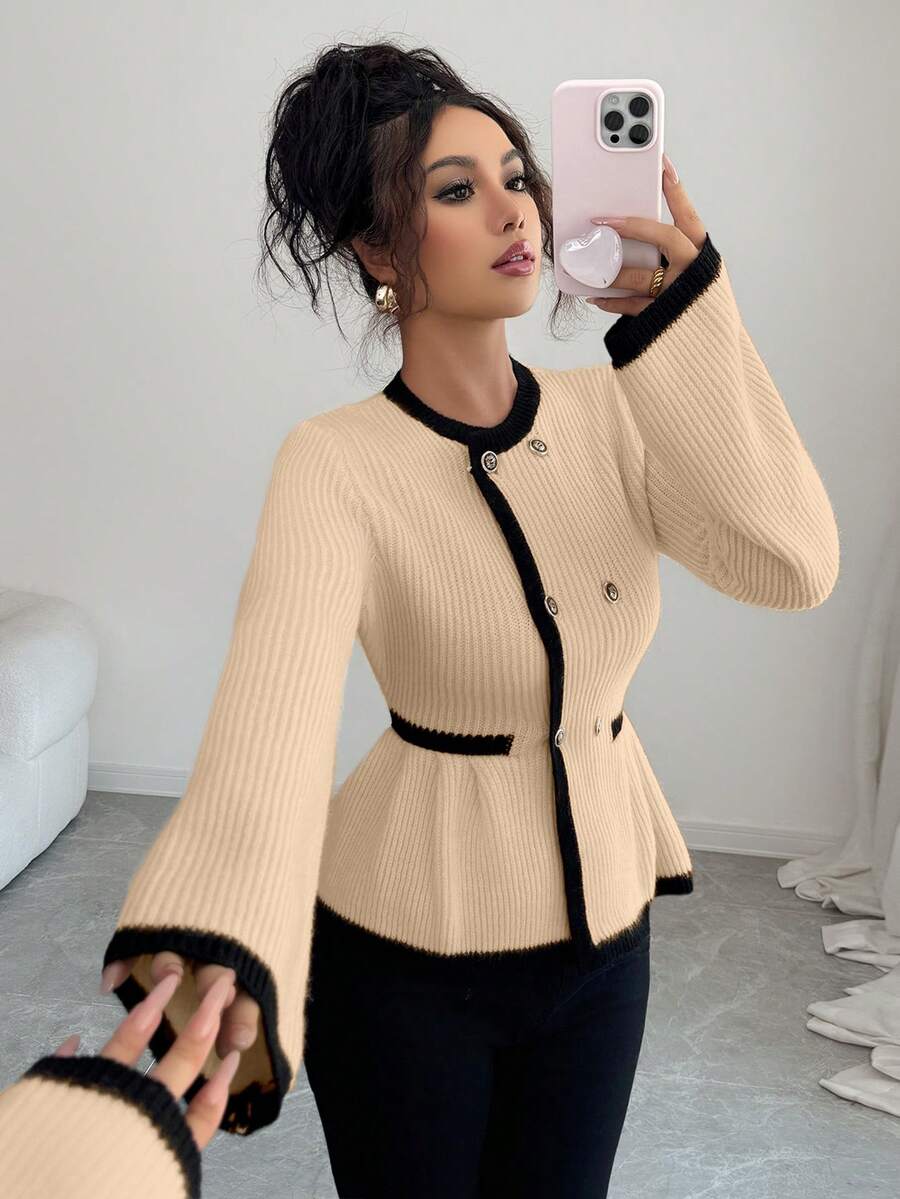 Elenzga Women's Elegant Round Neck Front Button Design Contrast Color Sweater - Khaki - View 1