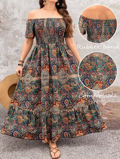 Breezaya Vestido de manga corta con diseño de hombros descubiertos, estampado de flores de paisley y bajo con dobladillo bajo, versátil para el uso diario, vacaciones y campo. Color verde y multicolor, tallas grandes, para primavera/verano/otoño