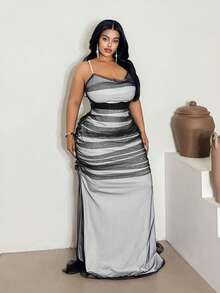Maweii Plus Size Women Fashion Mesh Patchwork Slip Dress - Black and White - View 3