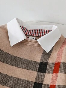 SHEIN Playful Pals 2pcs Kids British Style Knitted Set, Boys Plaid Sweater With Shirt Collar, Thickened Pants Outfit, Autumn/Winter School Style Boys Casual Autumn Winter Outfit Boys Fall Winter Two Piece Set Boys Brown Plaid Knit Suit Boys Two Piece Knit Set Boy Winter Set - Khaki - View 7