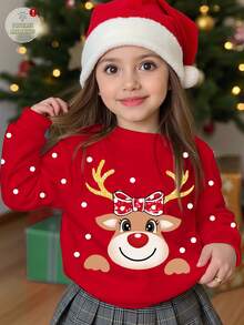 SHEIN Frohe Weihnachten, lässiger, minimalistischer Weihnachtspullover für Kleine Mädchen, süßer, lustiger Cartoon mit Rudolph, dem rotnasigen Rentier und gepunktetem Schneeflockenmuster, rot, festlich, lockere Passform, gemütlicher Rundhalsausschnitt, langärmeliges Strick-Sweatshirt, geeignet für Herbst/Winter, Weihnachtspullover für Kinder, Rentierpullover, roter Weihnachtspullover, Kleine Mädchen, Weihnachts-Sweatshirt, Pullover für Kinder, Kleine Mädchen