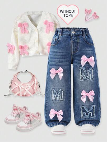 Young Girl Embroidered Letter 3D Bow Retro Denim Wide Leg Pants, Fashion Versatile Sweet & Cool Campus Street Style, Suitable For Spring, Summer, Autumn, Winter