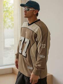 DAZY 男士拼接布料字母图案刺绣印花V领T恤，秋季商务装 - 彩色 - 查看 7