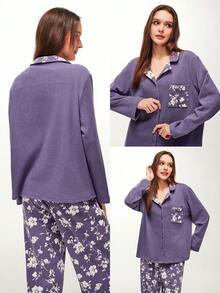 LUVLETTE Winter Basics Soft And Warm Women's Printed Long Sleeve Pajama Set Lounge Purple 2 Piece Set